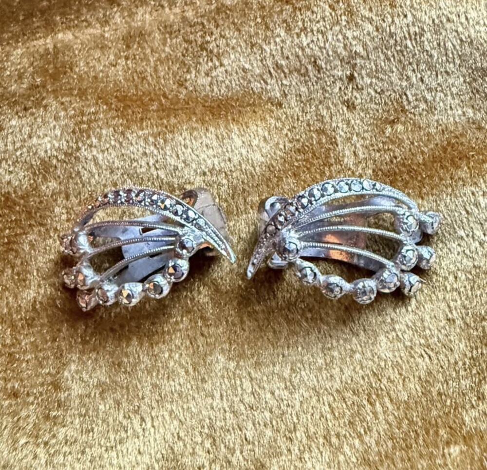 Vintage Art Deco Sterling Marcasite Fan Earrings (stamped)
